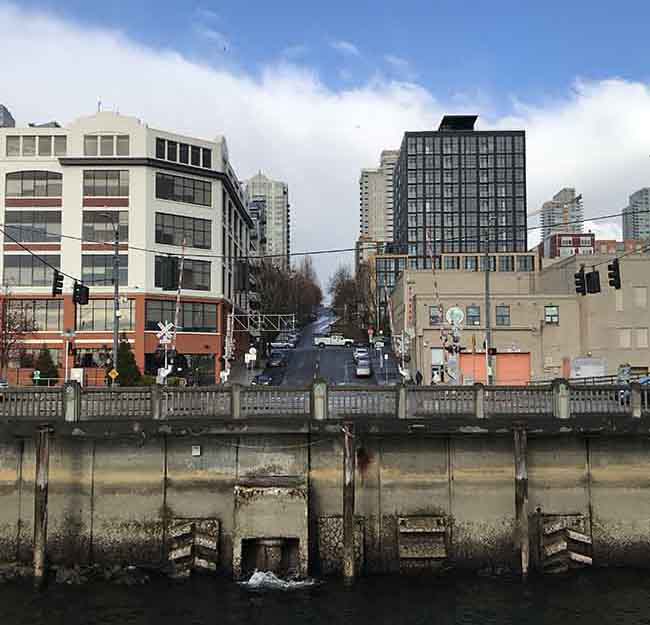 Photo the west end of Vine Street near Elliott Bay and the outfall structure