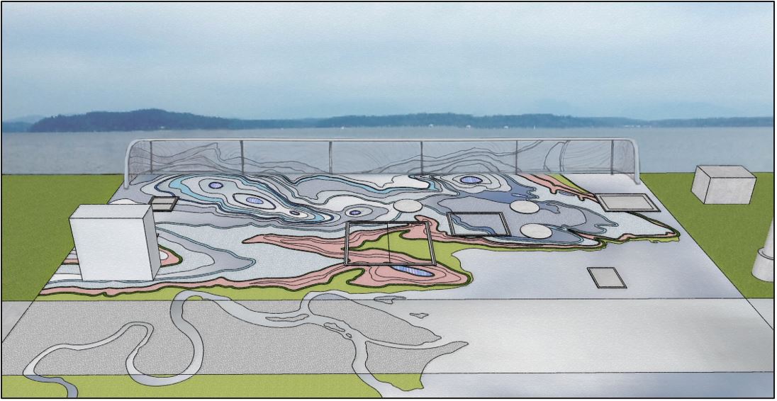 Photo of Alki beach with closer view of proposed art rendered over it