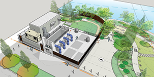 Architectural redering showing plan view of the station and landscaping.