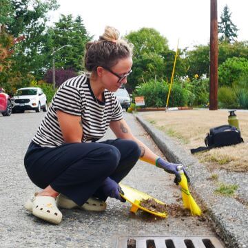  person squats next to a drain, sweeping dirt and debris into a dustpan.