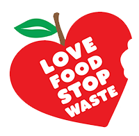 Grpahical image of the Love Food, Stop Waste logo in the shape of a red heart that resembles an apple