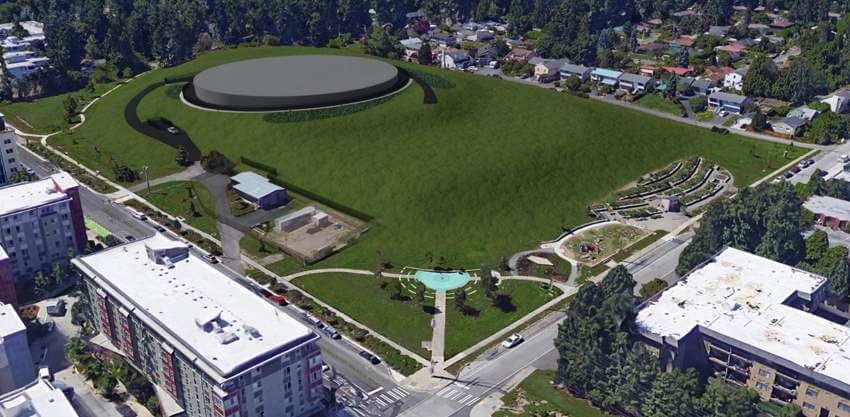 Aerial view computer rendering of preliminary reservoir design with surrounding neighborhood.