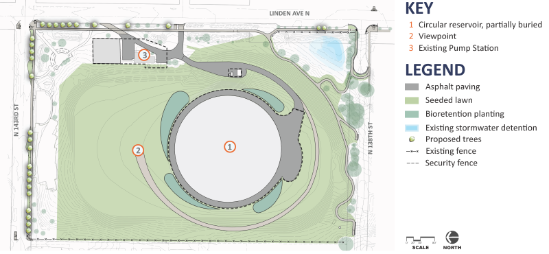 Diagram of the new reservoir site layout showing the locations of key features.
