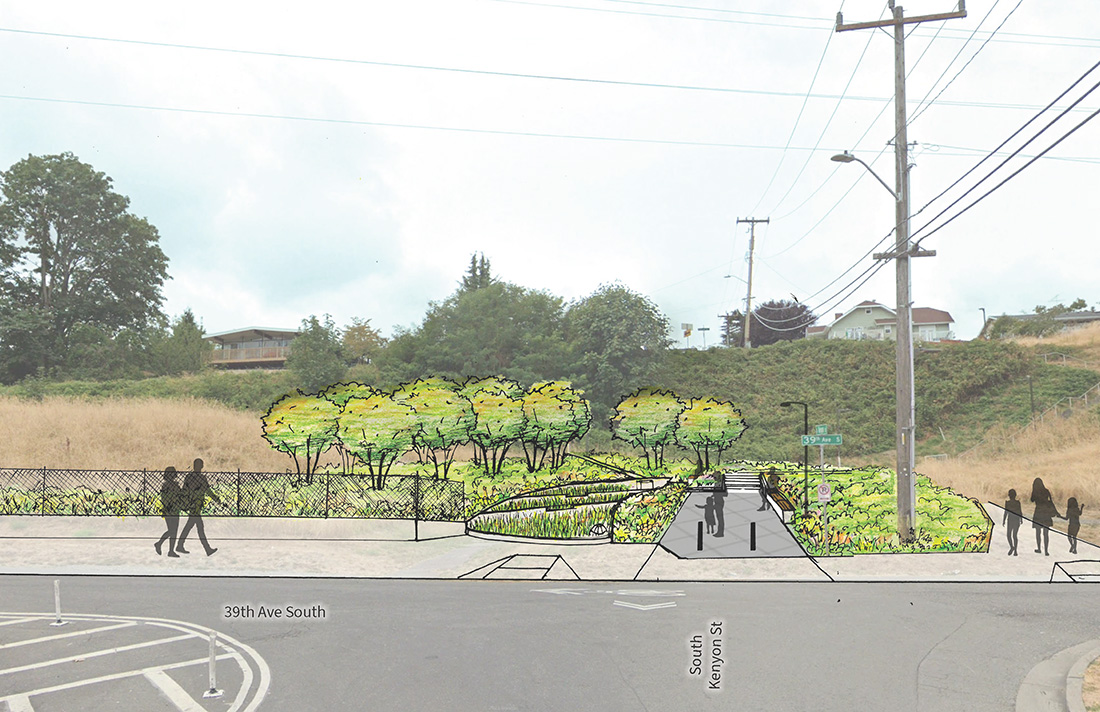 Rendering of the planned new sidewalk path and green infrastructure along the Chief Sealth Trail, near Wing Luke Elementary.