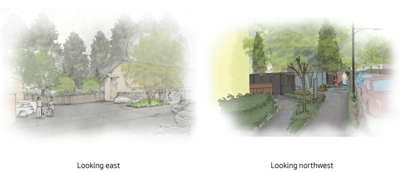 Design sketch labelled "Looking East" of a paved parking lot next to a sidewalk and street bordered by two buildings, a fence, and tall trees. Design sketch labelled "Looking North" of a paved path lined with small trees and bushes between two buildings.