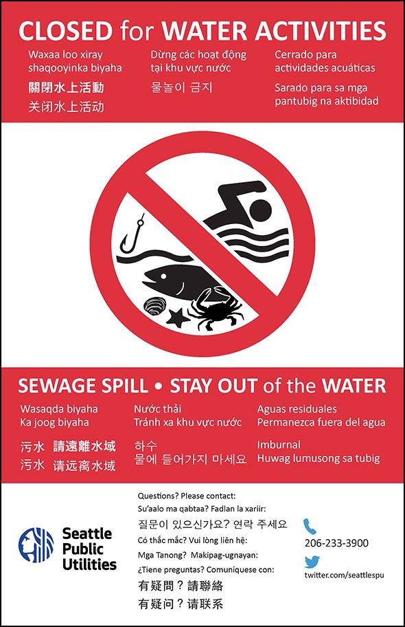 A Seattle Public Utilities warning sign that reads, 'CLOSED FOR WATER ACTIVITIES. SEWAGE SPILL.STAY OUT of the WATER. Questions? Please contact <a href=