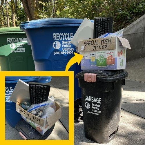 Miscellaneous items in a box for recycling.
