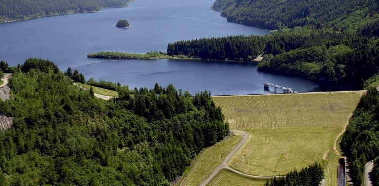 Aerial view of Tolt dam and reservoir.