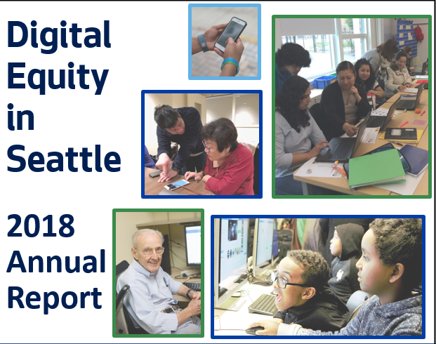 2018 Digital Equity Report cover with pictures of smartphone and people learning computers 