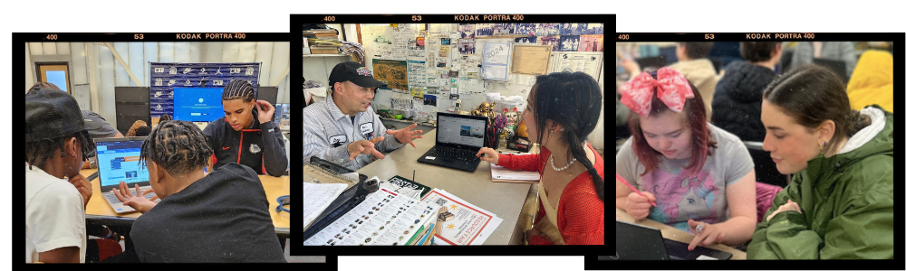 Three photos of people teaching each other how to use technology