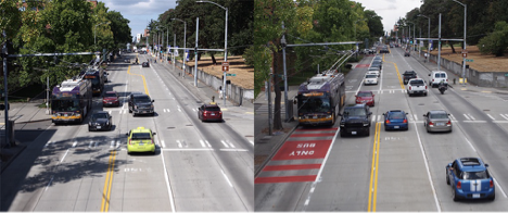 Before and After photograph of 15th Ave NE. The left side shows the road before the Red Paint was applied. The right side shows the curb side, red painted southbound lane with a bus travelling down it.