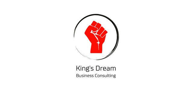 A rising red fist in a circle. Text: "King's Dream Business Consulting" 