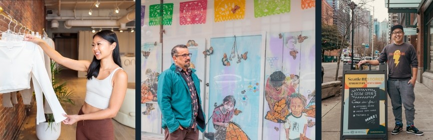 A collage of 3 photos showing 3 different Seattle Restored Experience. Photo 1: A person shops for clothing in a pop-up space. Photo 2: a person walks past a window display featuring artwork. Photo 3: A person stands on the sidewalk next to a sandwich board with Seattle Restored branding that advertises their pop-up.