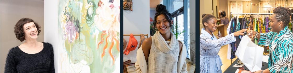 A collage of 3 photos featuring different Seattle Restored participants. Photo 1: An artist stands next to an indoor art installation, a large format painting. Photo 2: A pop-up business owner smiles at the camera in front of a rack of fanny packs. Photo 3: A pop-up business owner hands a bag of clothing to a smiling customer. 