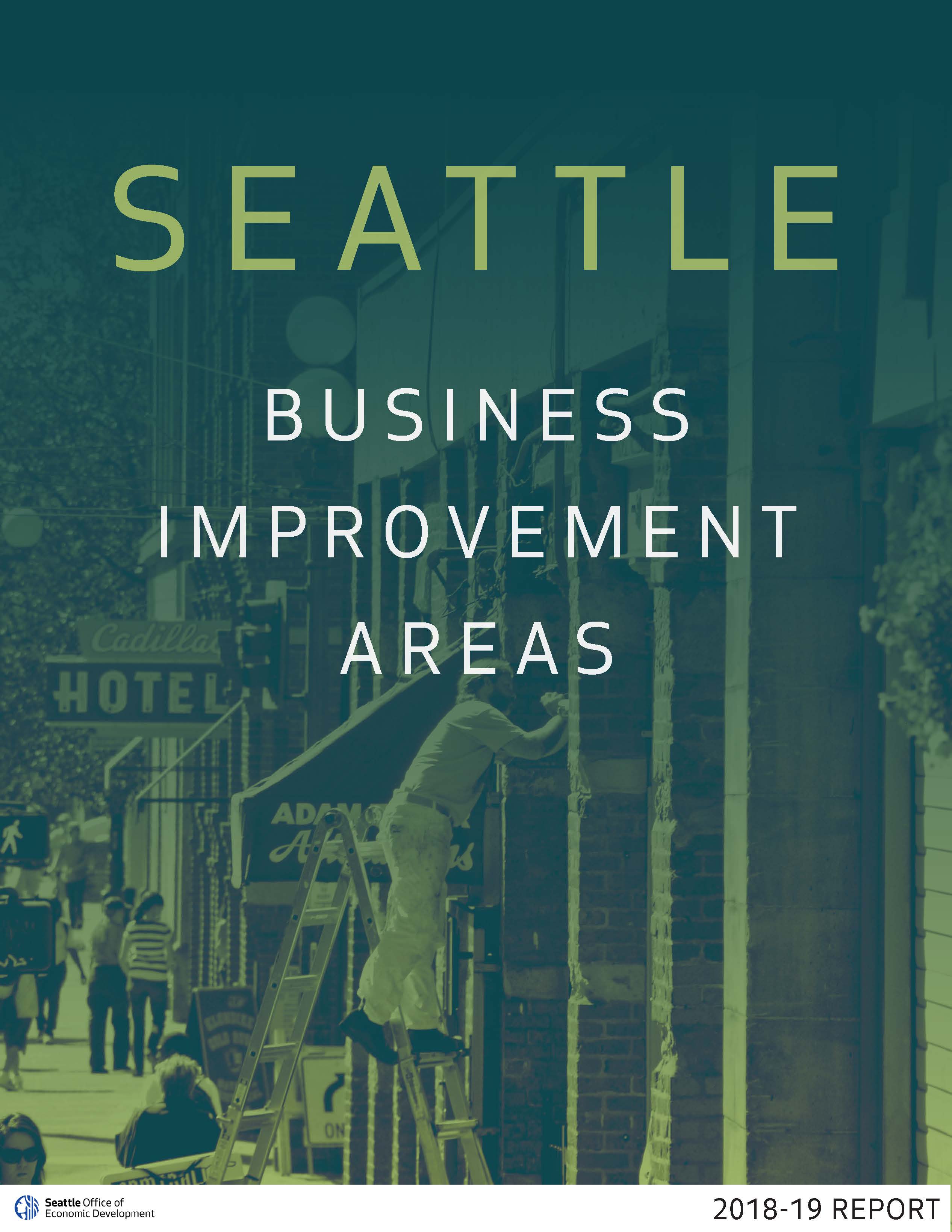 Report cover reads "SEATTLE BUSINESS IMPROVEMENT AREAS"