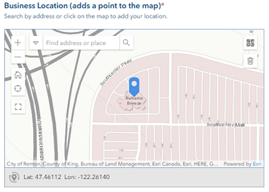 Adding your business location to the map. Map with search address.