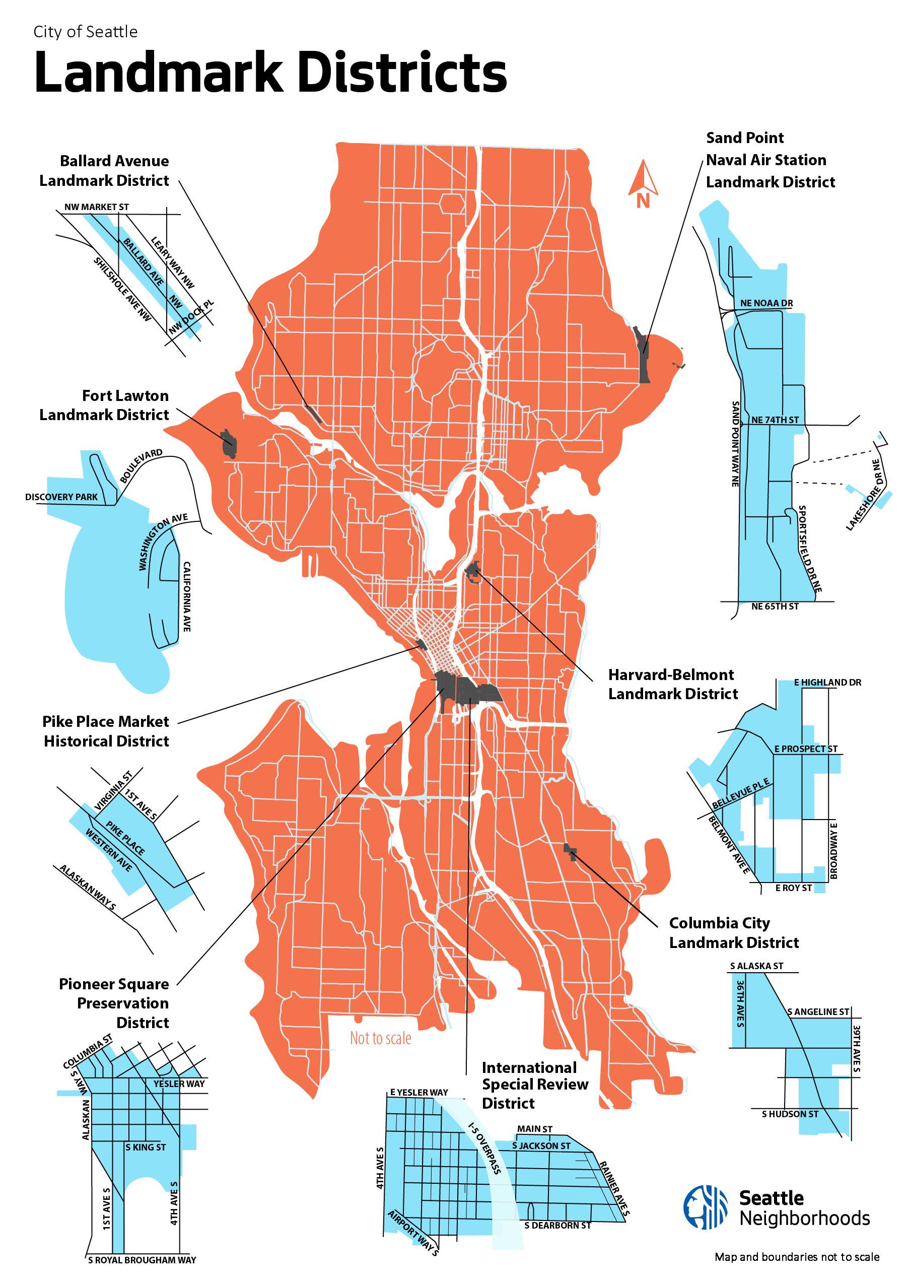 Mapa de Seattle destacando los distritos hist&oacute;ricos de Ballard, Sand Point, Fort Lawton, North Capitol Hill, Pike Place Market, Pioneer Square, Distrito Internacional/Barrio chino y Columbia City 