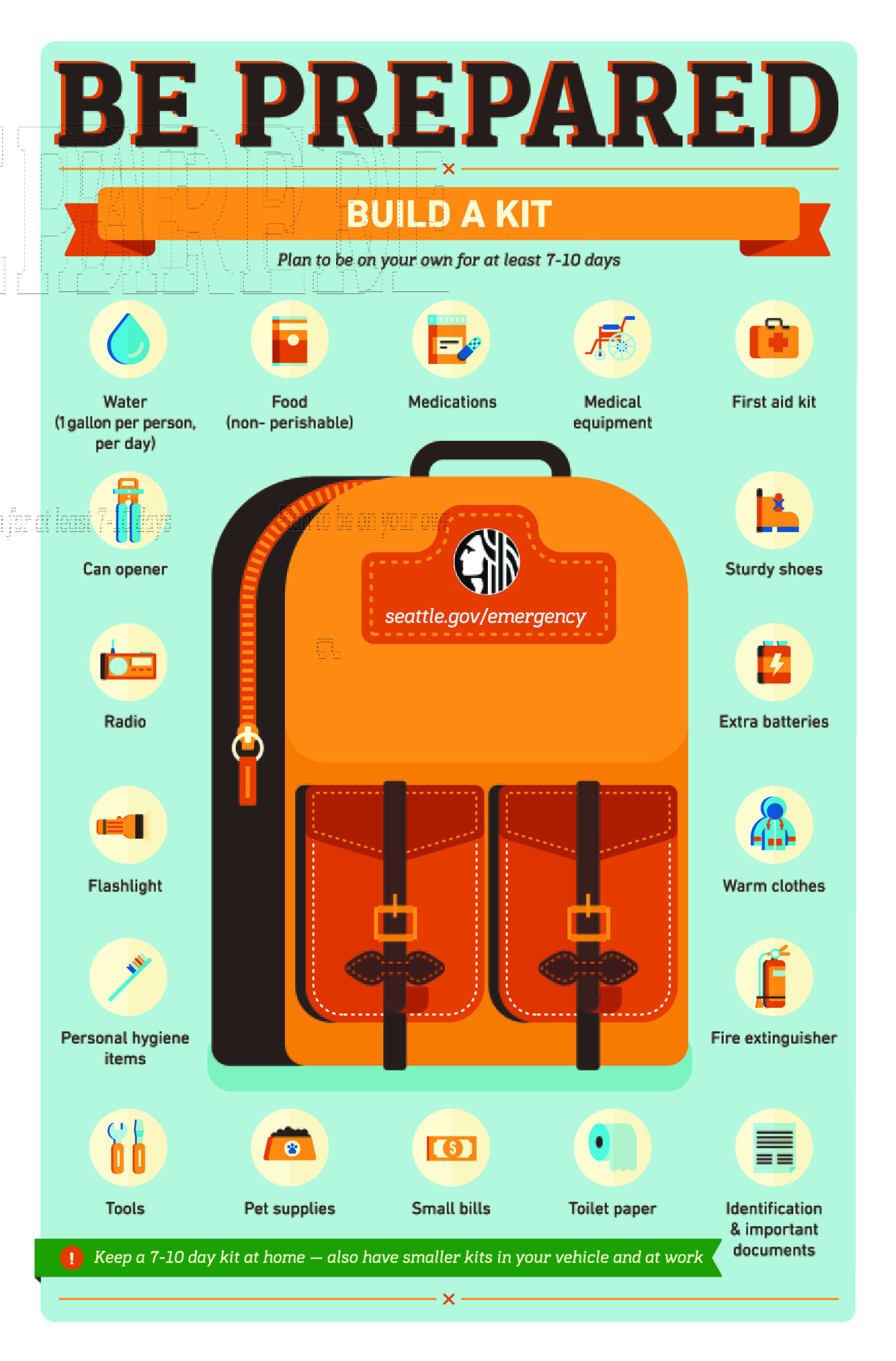 Infographic showing backpack and numerous emergency supply items like food, water, radios, etc.