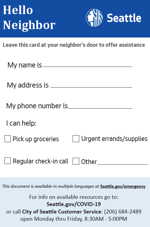 Card to offer help to neighbors