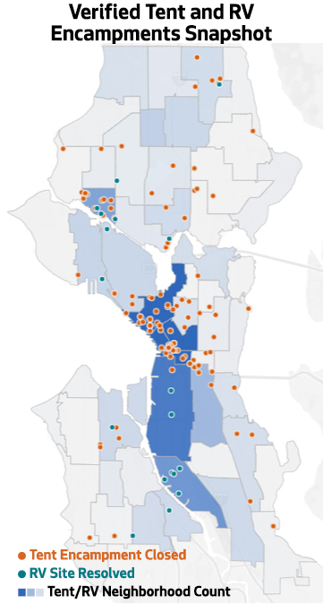 Map of Seattle showing verified tent and RV encampments and removals