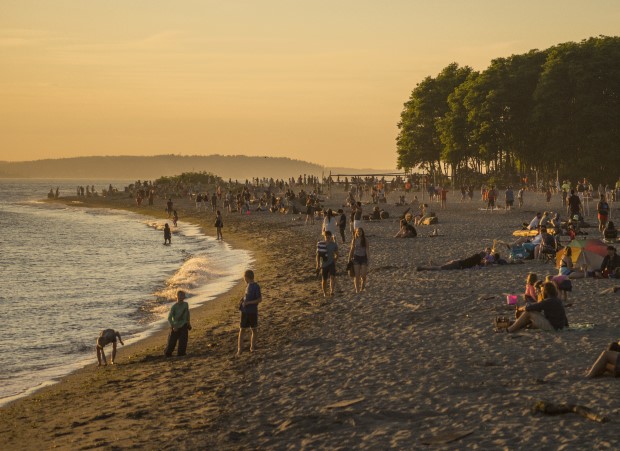 Golden Gardens park at sunset, beach, water, visitors