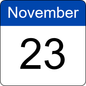 Blue and white calendar icon with November 23 date 