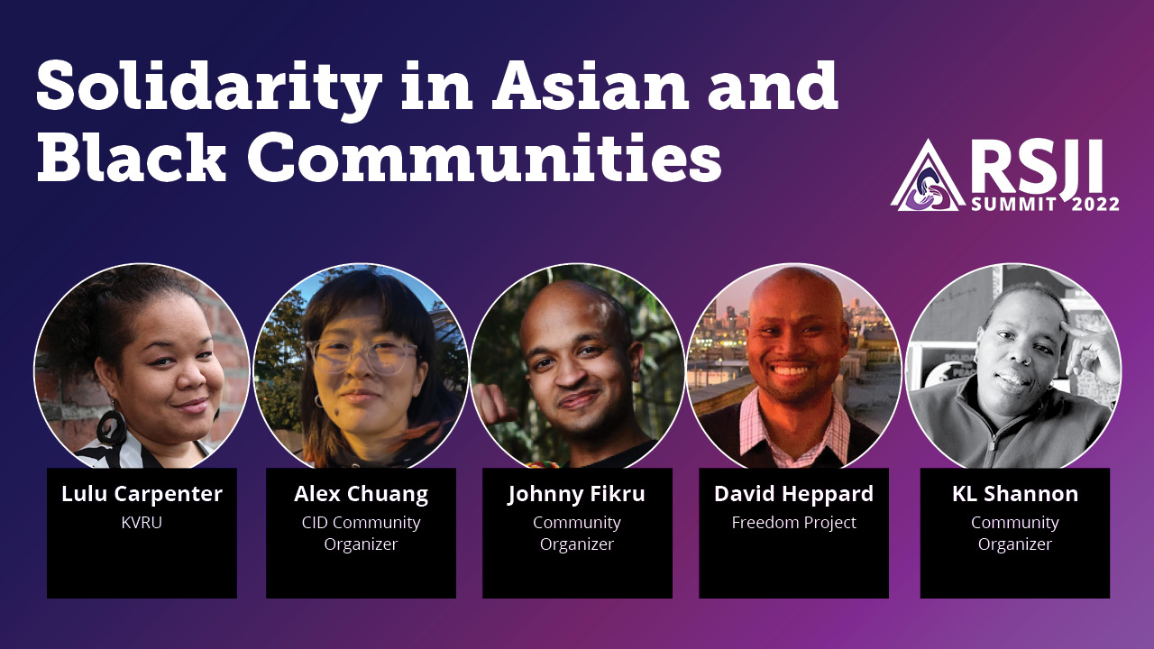 A thumbnail. At the top is text reading, "Solidarity in Asian and Black Communities". Below are headshots and names: "Lulu Carpenter, KVRU; Alex Chuang, CID Community Organizer; Johnny Fikru, Community Organizer; David Heppard, Freedom Project; KL Shannon, Community Organizer".