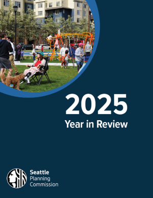 Title page of 2025 Year In Review report with a dark blue background with white text. Includes a photo of a busy neighborhood park.