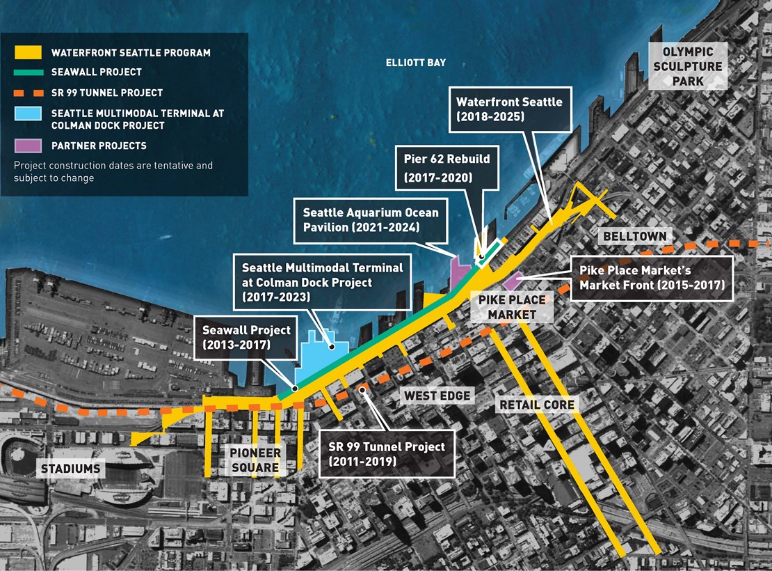 Map showing the waterfront that points out the Seawall Project, Colman Dock Project, SR 99 Tunnel Project, Seattle Aquarium Ocean Pavilion, Pier 62 Rebuild, Pike Place Market Market Front