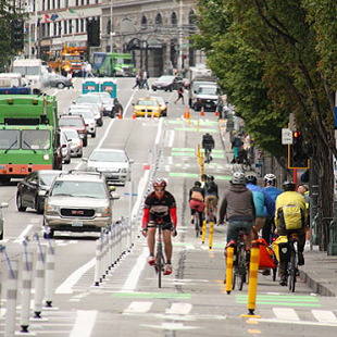 Commuters using a bike lane in Seattle Commuters using a bike lane in Seattle