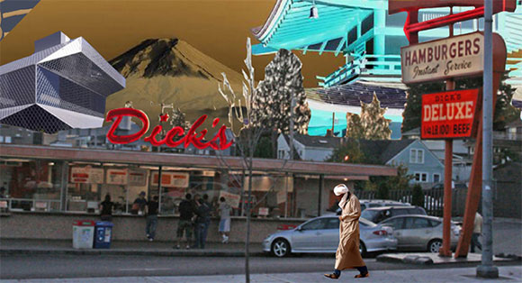 A collage with different Seattle landmarks: the Central Library, Dick's burgers, Mt. Rainier, a Japanese temple, and a Muslim person on the sidewalk.