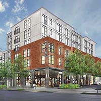 Image is an artistic rendering of a 6 story mixed-use apartment project. View is from ground level from the street and shows trees and pedestrians walking around. The rendering suggests retail at the ground floor, with 2 stories of brick apartments above. The remaining 3 stories appear to be a metal panel. The building is drawing in front of a partly cloudy sky background.