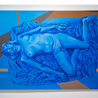 An oil painting in hues of blues of Molly Vaughan laying nude on blankets