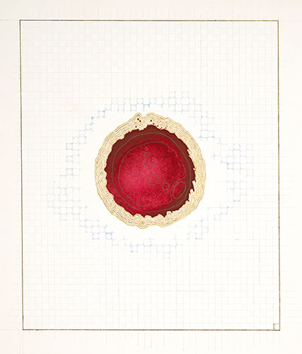 A circular red stain with edges in goldleaf.
