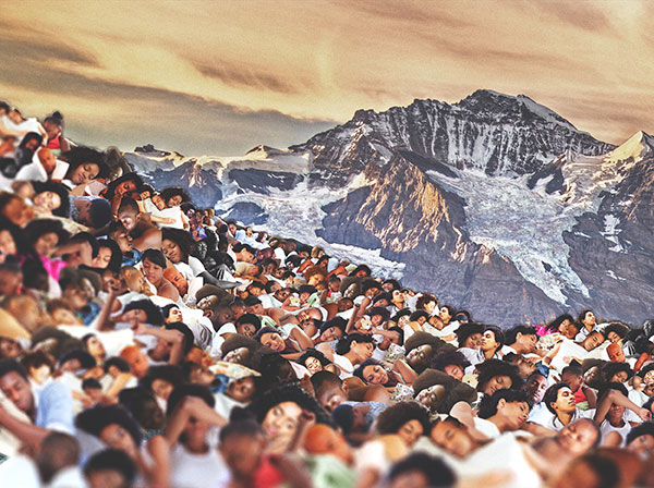 Collage of Black and Brown people sleeping, forming a hill in front of a mountain in the distance.