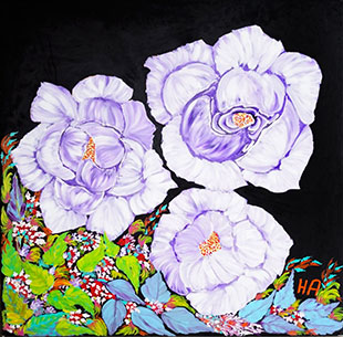 Acrylic painting of three large purple roses against a black background.