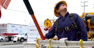 Line worker in a bucket truck