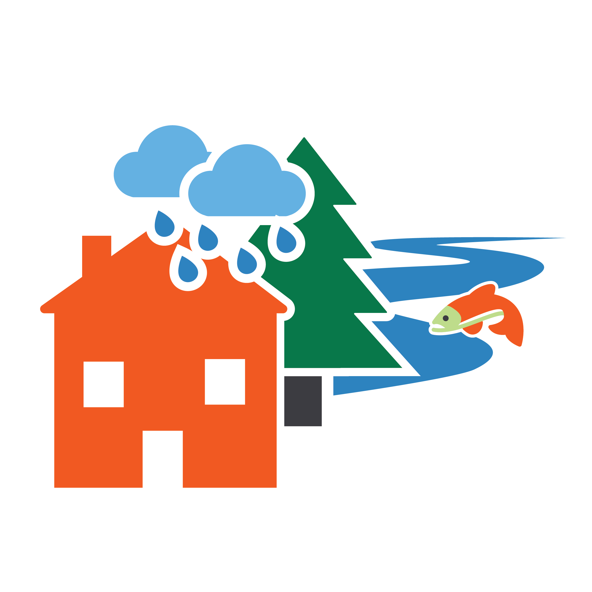 Icon showing the relationship between trees, streams, rain, and homes.