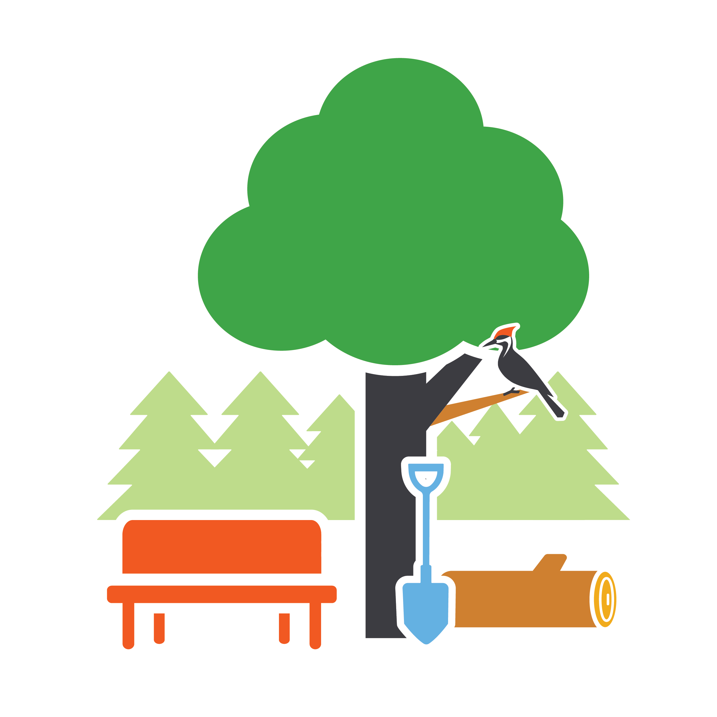 Icon showing a tree in a park setting with a bench nearby and a bird in the tree.