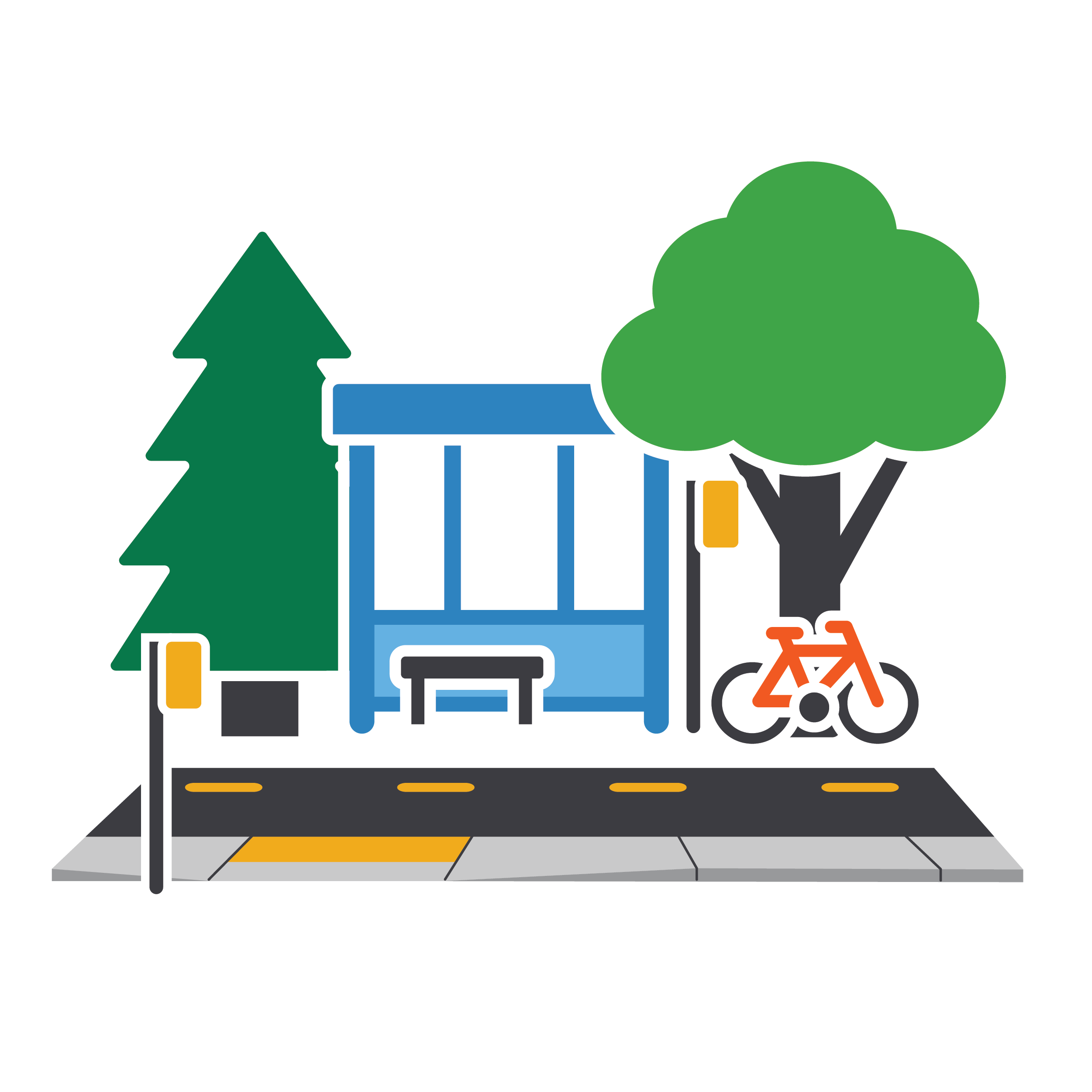 Icon featuring trees along a street next to a bus stop.