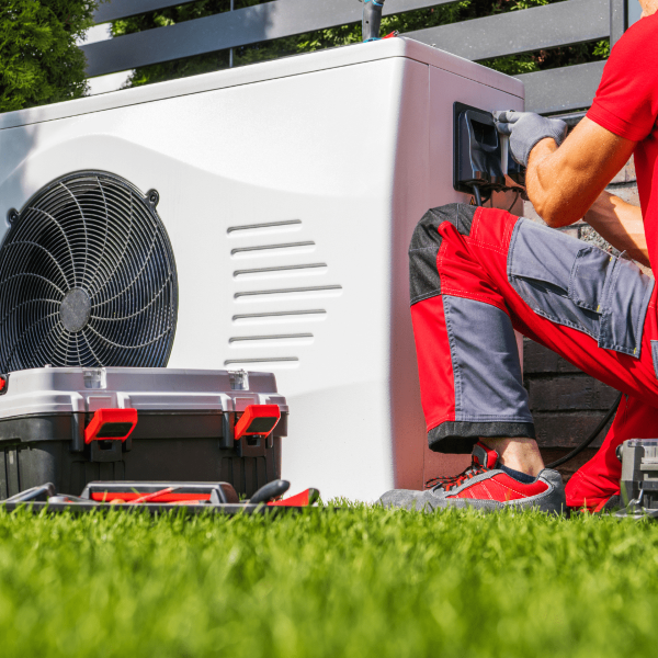 A technician in red and gray work attire is servicing an outdoor air conditioning unit on a sunny day. The unit is situated on a well-manicured lawn, and the technician is using a drill on the unit’s side panel. The focus is on the maintenance work being performed.