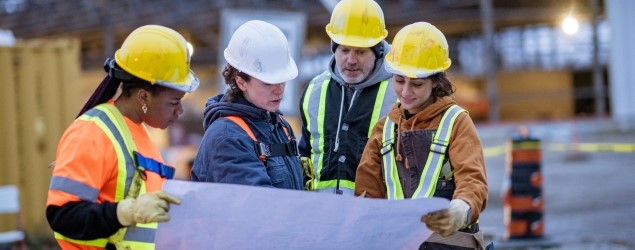Four construction workers are standing at a construction site. They are wearing safety helmets and reflective vests while examining a large document or blueprint together. The background is blurred, emphasizing the workers’ collaboration in the foreground.