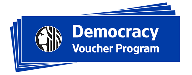 Image of Chief Sealth medallion logo on a blue background with text, Democracy Voucher Program.