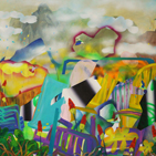 I took a lot of walks in my Seattle neighbourhood. This painting was inspired by a chaotic front yard overlooking Lake Washington. I was interested in the mishmash of objects in the lush garden and the way painting can transform relationships between form and space.