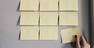 Sticky notes are placed on a wall in rows