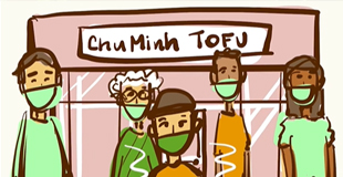Stacy Nguyen's drawing of people wearing masks standing in front of Chu Minh Tofu