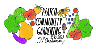 Hand drawn veggies with the words P-Patch Community Gardening 50th Anniversary.
