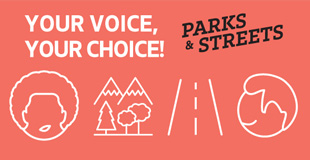 Cartoon of icons of people, a road and trees the words "Parks and Streets"
