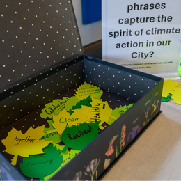 Green paper leaves with notes written on them in a box. A sign reads "What words or phrases capture the spirit of climate action in our city?"