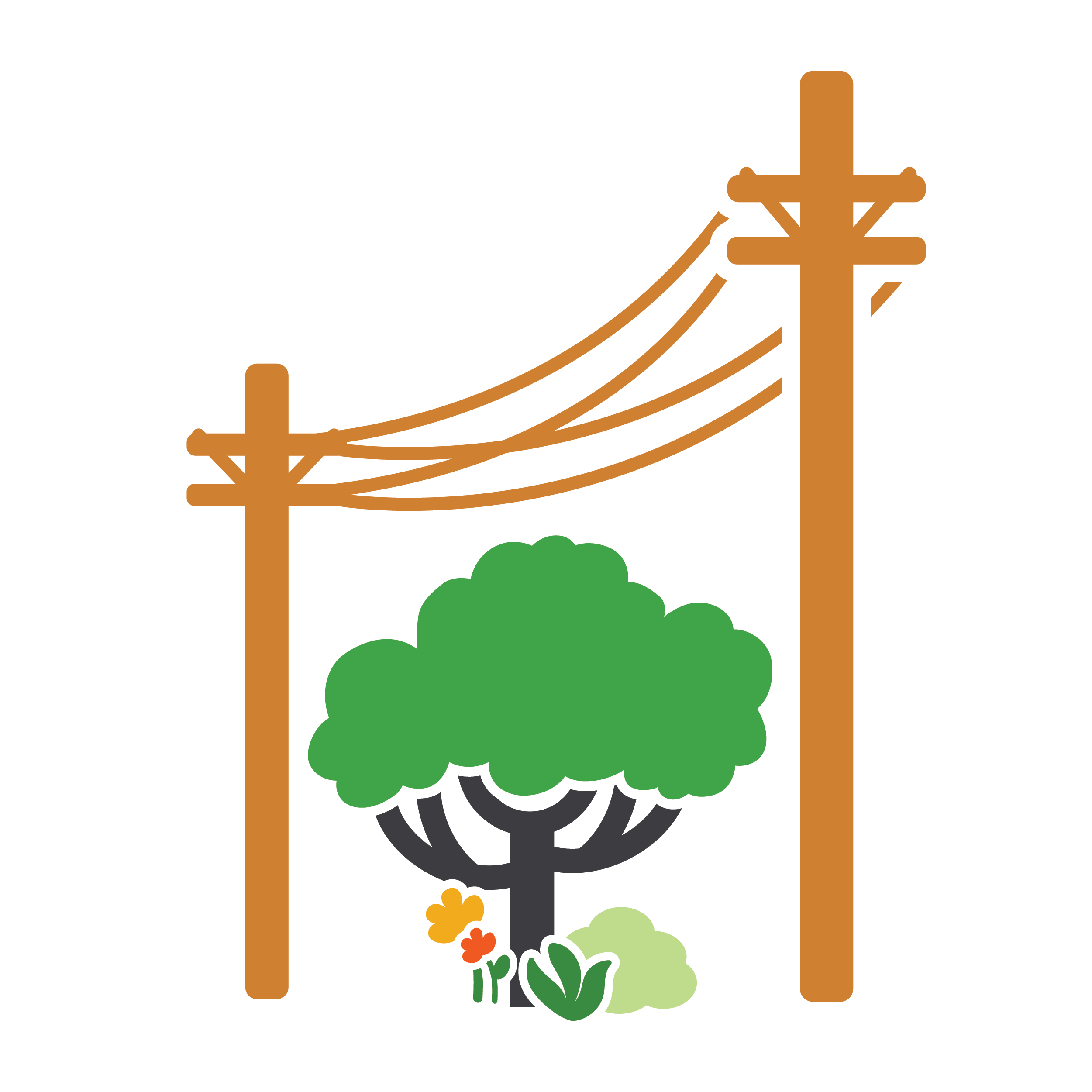 Icon of a green tree underneath brown powerlines